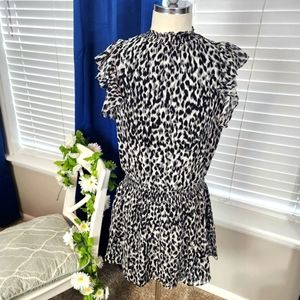 1 State Leopard Print Mini Dress Sz Medium Ruffled Skirt and Cap Sheer …